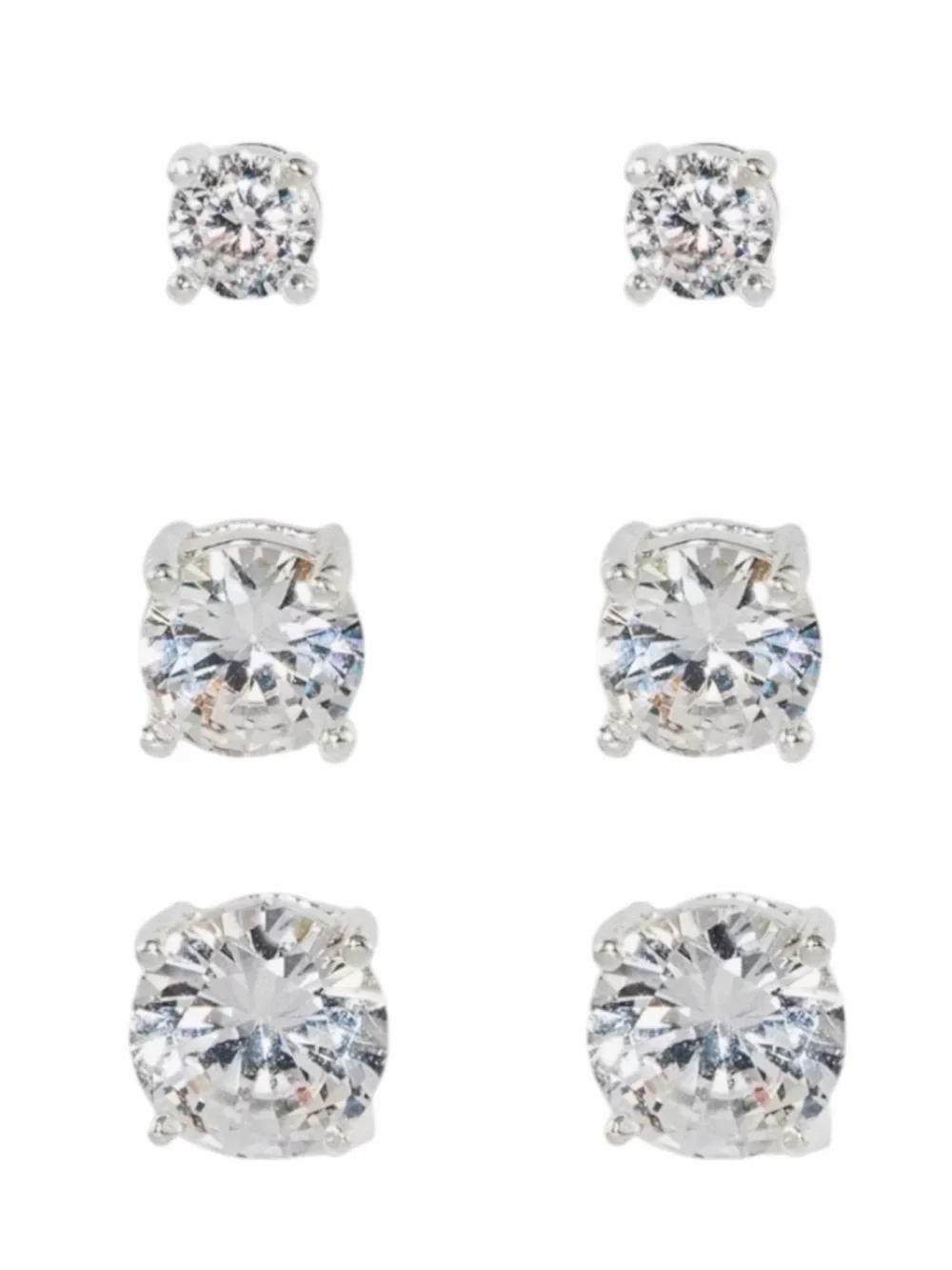 Silver Cubic Zirconia Stud Earring Set - 3 Pairs